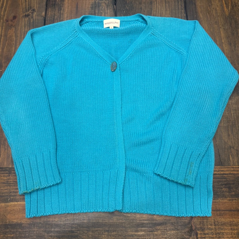 Monterey Bay Women Turquoise Blue Chunky Knit Single Button Cardigan Sweater L